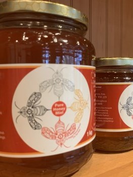 closeup of honey jars