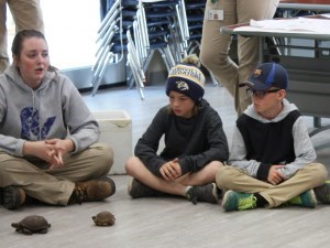children listening to zoo staff talk about turtles