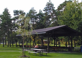 Covered picnic shelter with picnic tables and shade trees