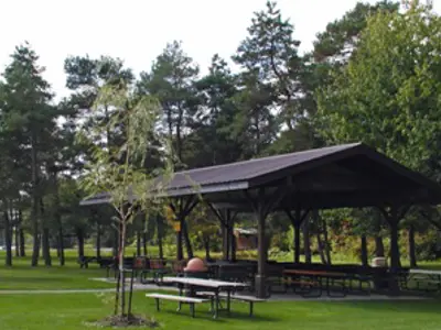 Covered picnic shelter with picnic tables and shade trees